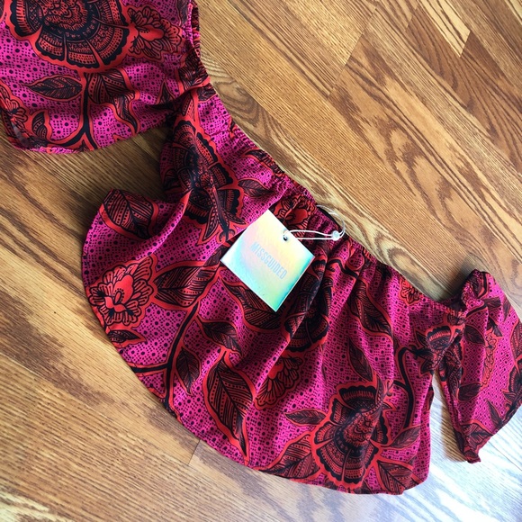 Missguided Pink Floral Bardot Crop Top - Picture 2 of 6